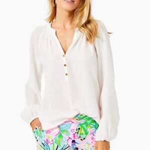 Lilly Pulitzer Cream Silk Elsa Blouse with Gold Accents